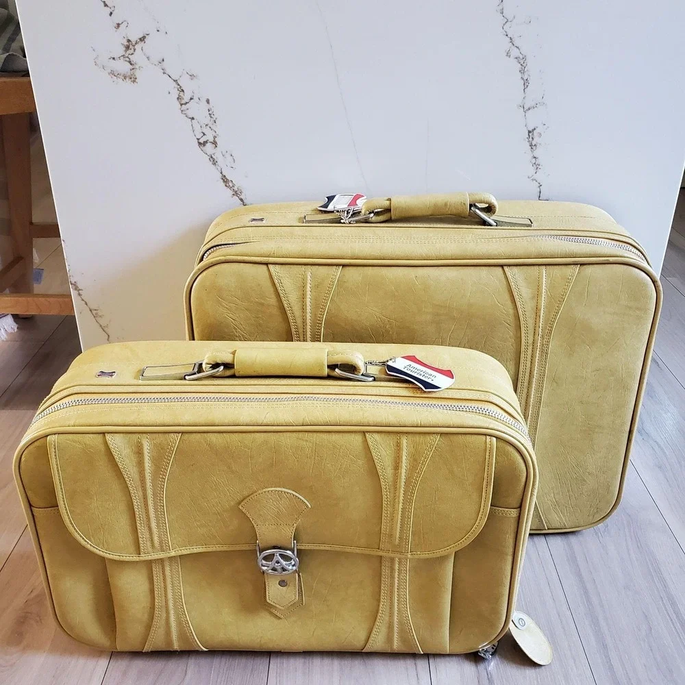 Vintage American Tourister Yellow Vinyl 2 Piece Soft Luggage Set Suitcases 1970s